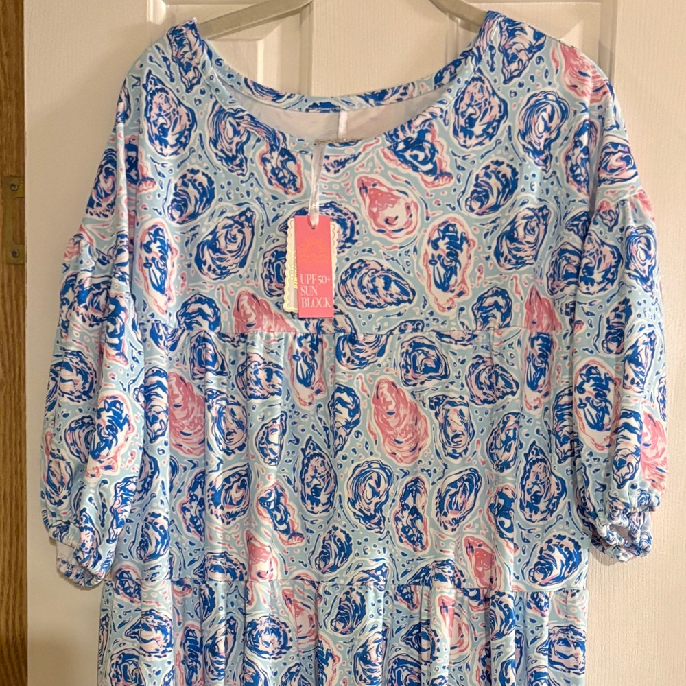 Light Blue Pink & Navy Patterned Tunic Dress SPF 50, great for Beach Wear.